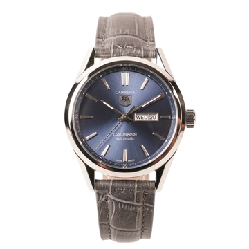 SILVER CASE WITH BLUE DIAL LEATHER STRAP WATCH