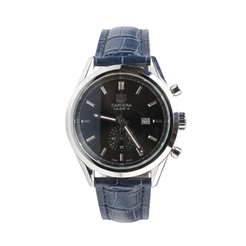 SILVER CASE WITH BLACK DIAL LEATHER STRAP WATCH