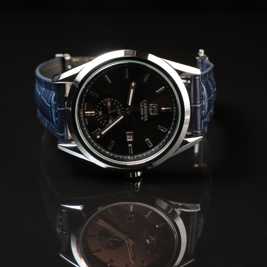 SILVER CASE WITH BLACK DIAL LEATHER STRAP WATCH