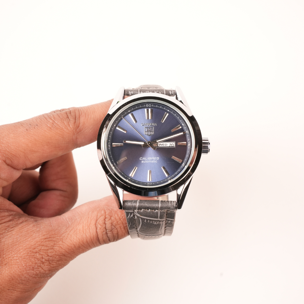SILVER CASE WITH BLUE DIAL LEATHER STRAP WATCH